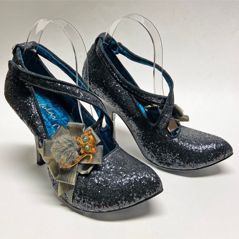 Irregular Choice I'm in Vegas Black Glitter Heels EU 39 / US 8 Bow Cat Faux Fur